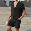 Men s Casual Two Piece Linen Outfit with Short Sleeve Button-up Shirt and Elastic Waist Shorts in Solid Color 1