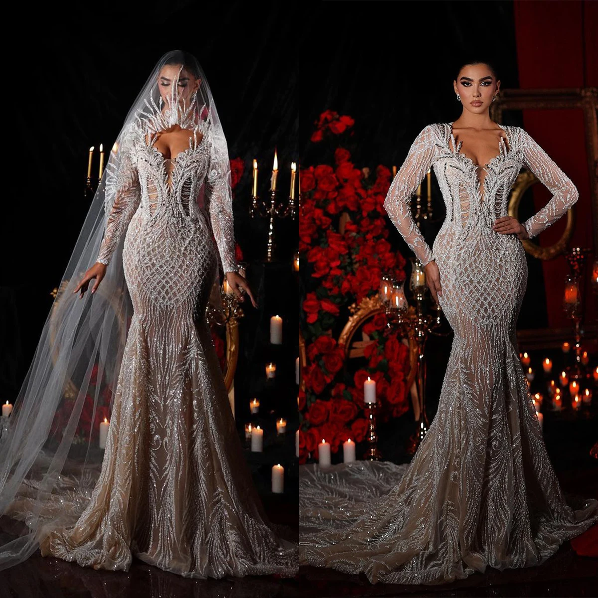 

Exquisite Evening Dresses V Neck Long Sleeves Sequins Appliques Hollow 3D Lace Beaded Mermaid Diamonds Prom Dresses Custom Made