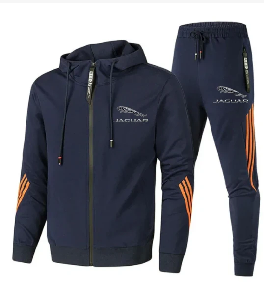 Men Jaguar Car Logo Print 2 Piece Sets Sportswear Zip Hooded Sweatshirt+Pants Gym Running Men Clothing 2023 New Tracksuit