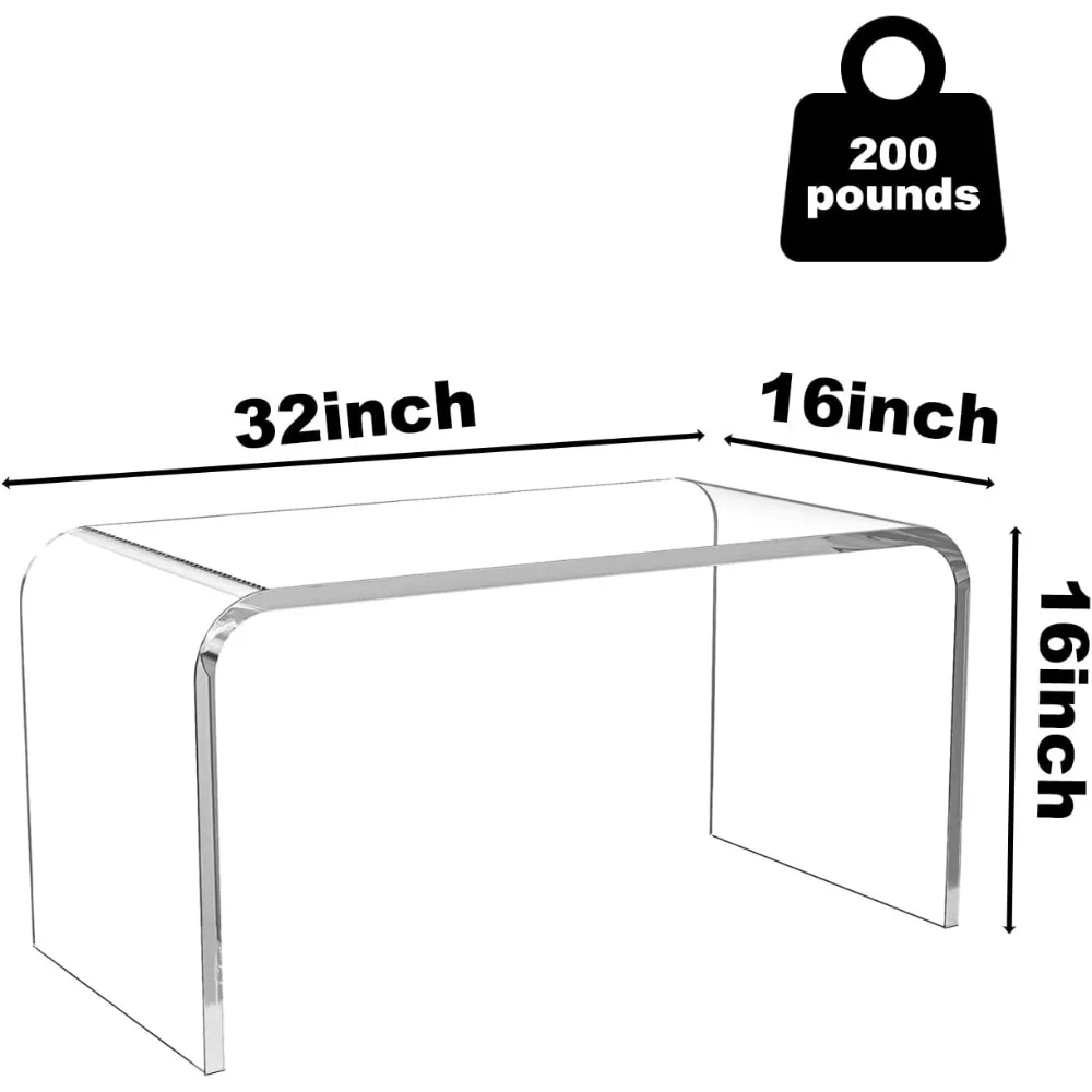 Clear Coffee Table, 32" L x 16" W x16'' H, Modern Waterfall End Table for Small Living Room, Bedroom and Office, Glass Table