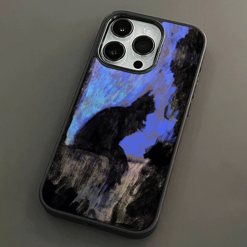 Elegant Dark Purple Cat Oil Painting Phone Case with Black Edging