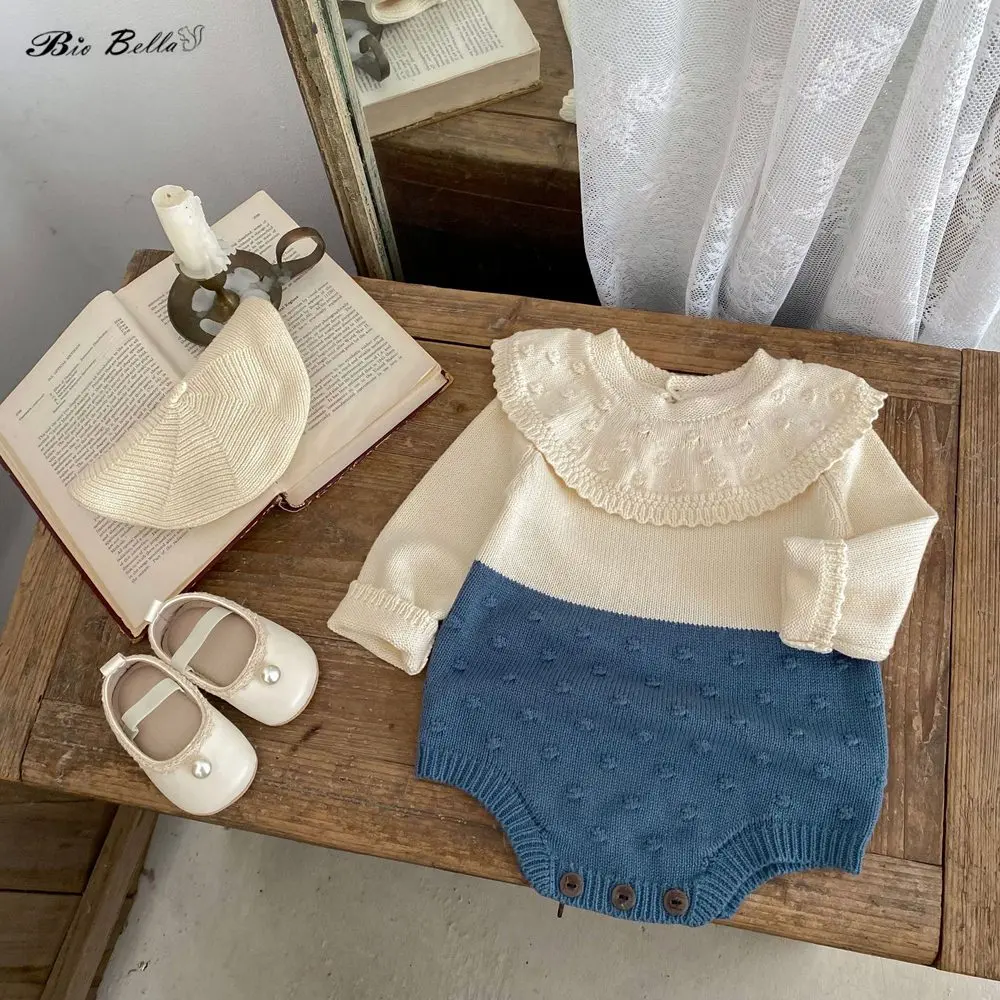 유니섹스  니트 바디수트 큰 카라 물방울 무늬 긴팔 피부 친화적인 스트레치 롬퍼 남아 여아 가을 겨울 3-24개월  스웨터