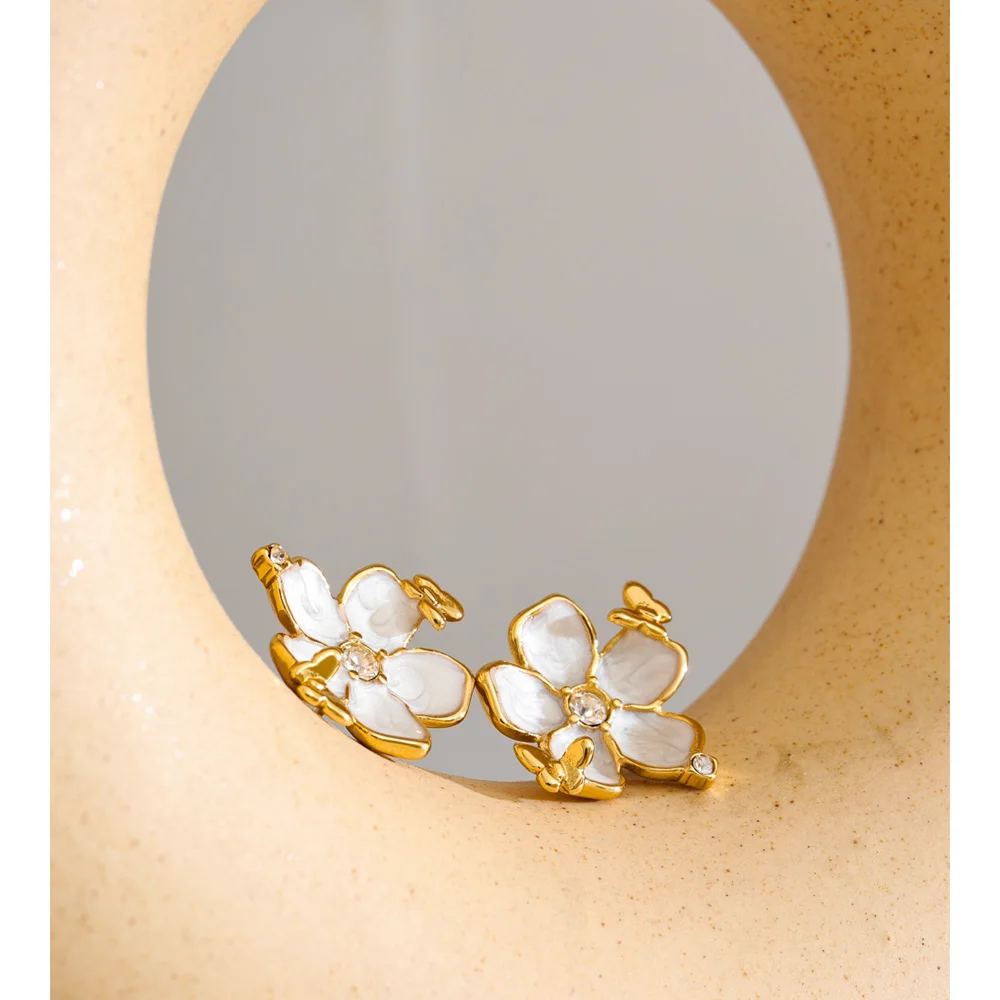 Yhpup Fashion Zirconia Pearls Enamel Flower Sweet Stud Earrings