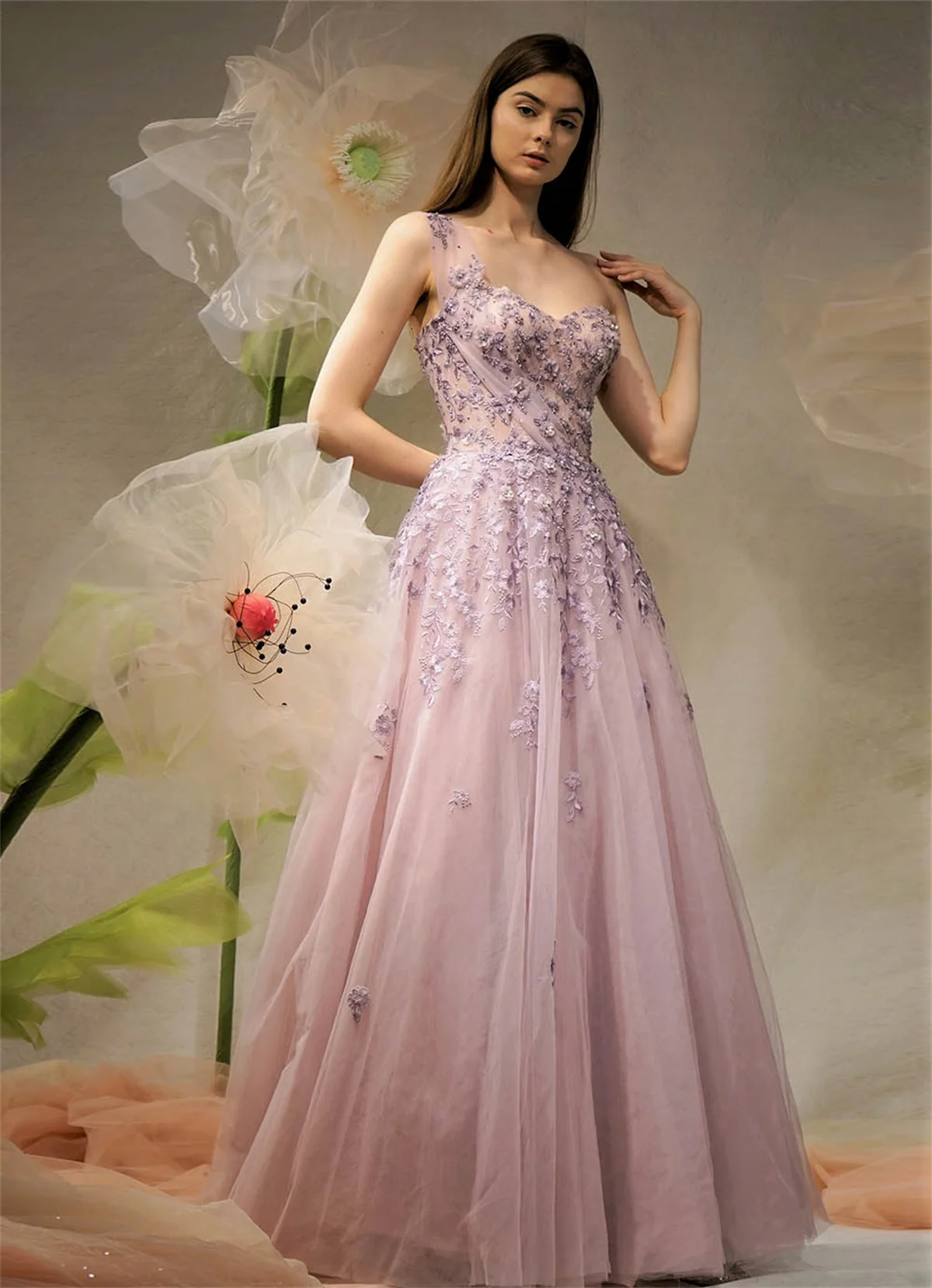 

Sweet Light Purple Prom Dresses Long One Shoulder Embroidered Flowers Beaded Formal Evening Gown Party Vestido De Mujer Women