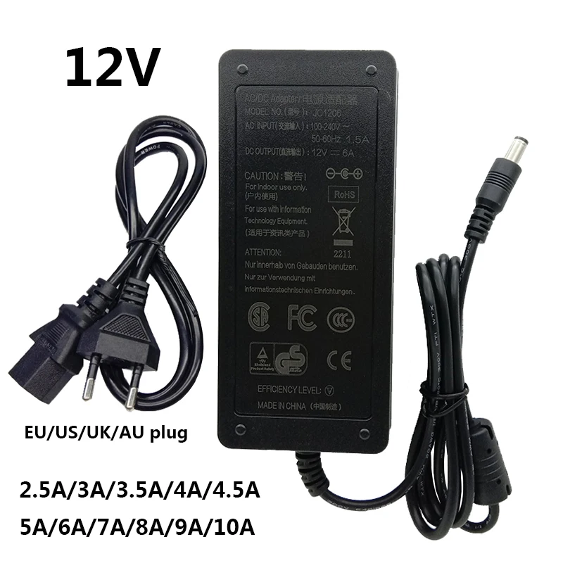 

12V Power Adapter Supply AC 220V to DC 12 V Volt 3A 3.5A 4A 4.5A 5A 6A 7A 8A 9A 10A Universal Converter Transformer 5.5*2.5mm