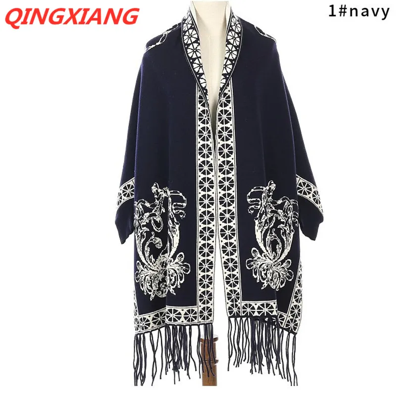 2 Colors 2022 Thick Capes Lady Knitted Poncho With Tassel Coat Warm Winter Printed Beaded Pattern Long Women Outstreet Pashmina