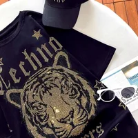 300 catties fashion wear rhinestone diamond tiger head back wings diamond black women's short-sleeved T-shirt top - Image 3