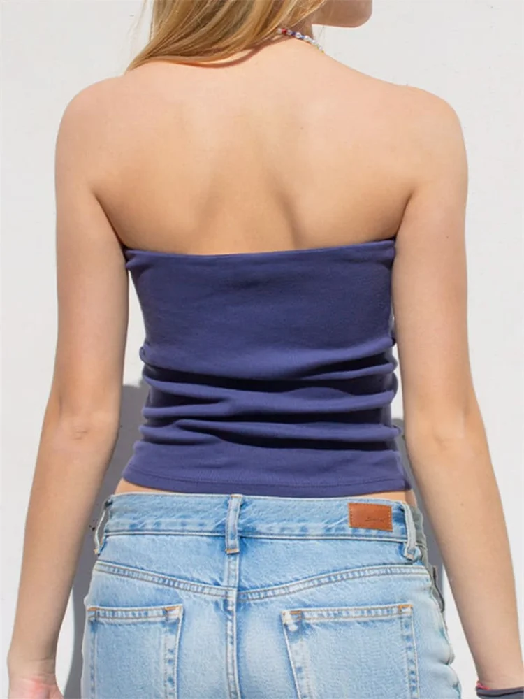 Women White Crop Tops Summer Street Style Sleeveless Strapless Ribbed Tube Tops Solid Color Base Vest Backless Tank