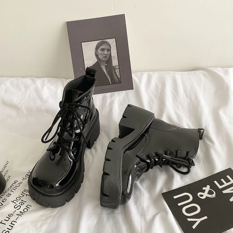 Footwear Cute Black Combat Boots Footwear Platform Booties Lace