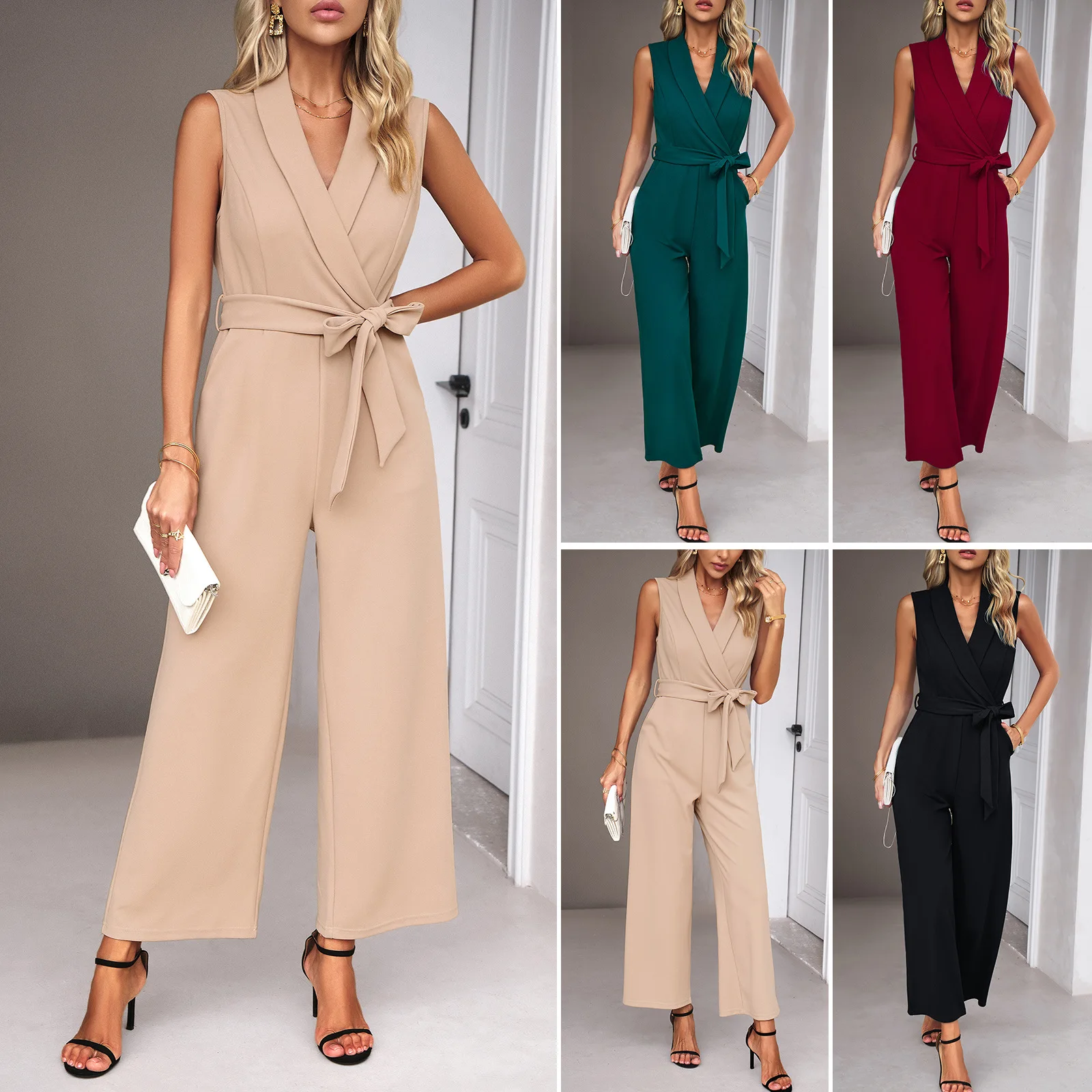 Elegant Summer Long Jumpsuit Women Pants V Neck Wide Leg Solid Color Party Overalls Female Loose Office Lady Work Playsuits elegant office lady jumpsuit overalls turtleneck lantern sleeve autumn solid color backless straight leg jumpsuit for women