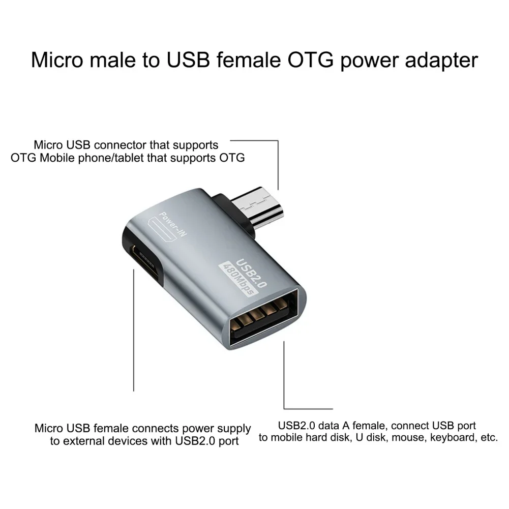 Enhanced OTG Adapter 4K 90° Left Angle Powered Micro USB to USB Adapter