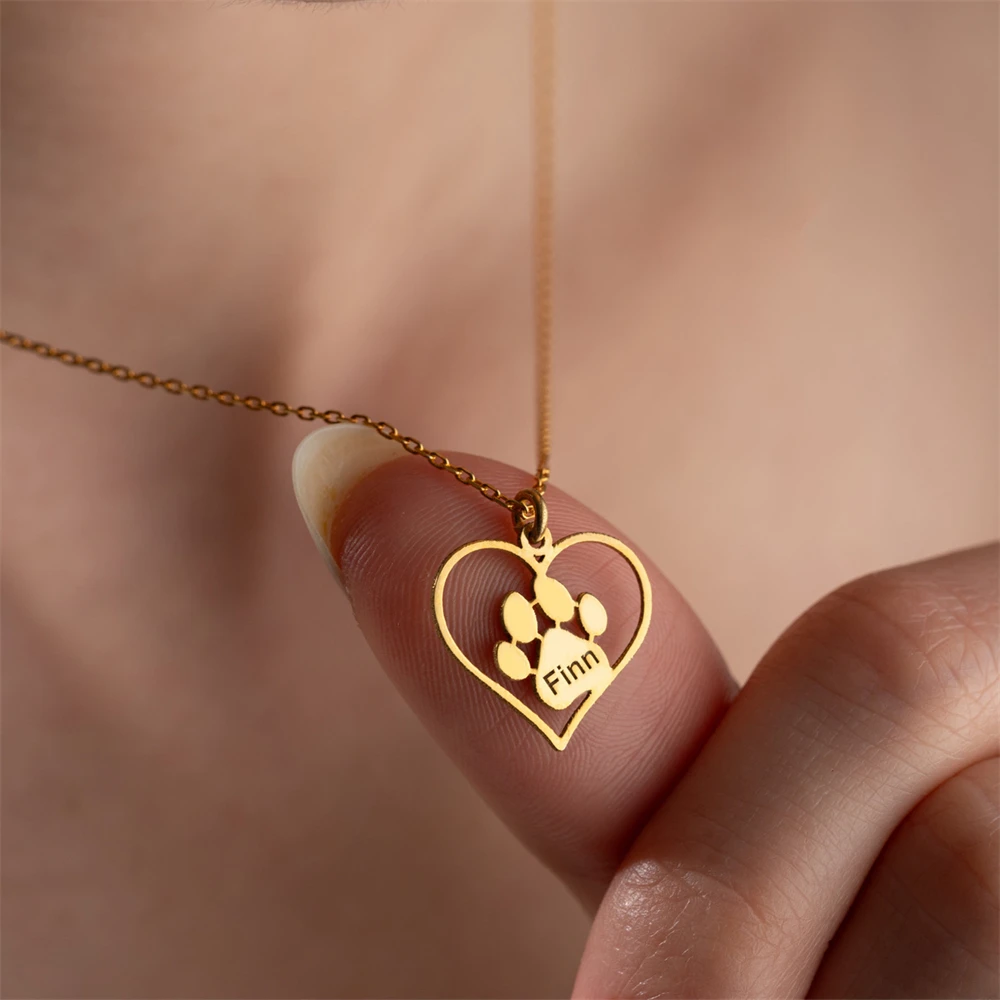 Dog Cat Paw Print Necklace Custom Jewelry Engraved Pet Name