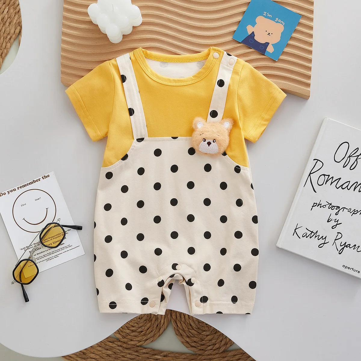

0-2 Year Ins Summer Infant Boys Jumpsuit 3D Bear Dot Print Short Sleeve Sling Simple Newborn Boys Onesies Casual Baby Boy Parkas