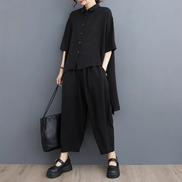 

#2721 Spring Summer Black Asymmetrical Long Shirt And Harem Pants Women Loose 2 Piece Outfits For Women Korean Style Pants Set