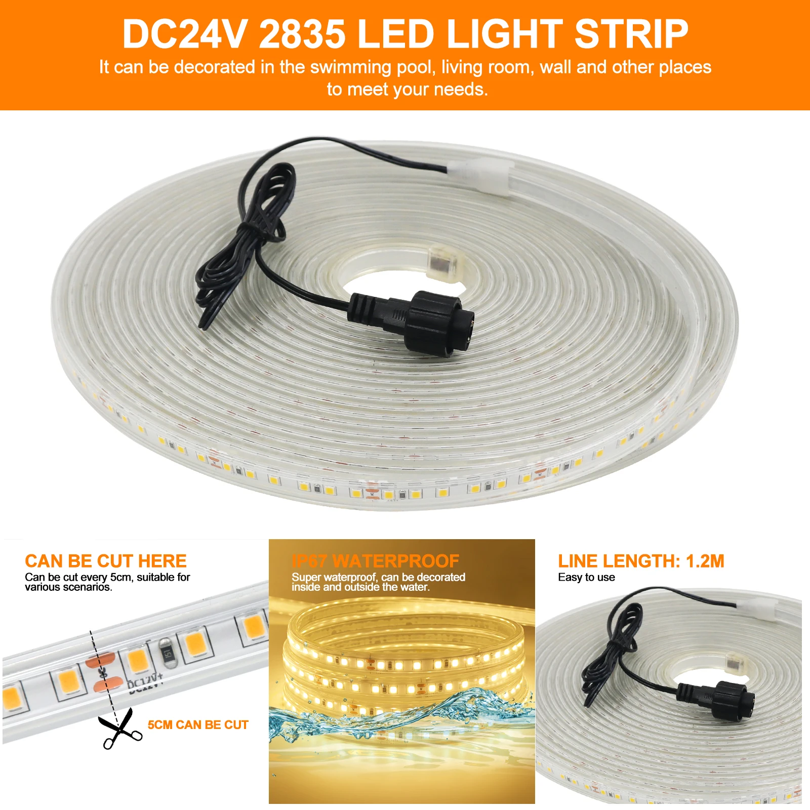 DC 24V 1-10M USB/태양열 전원 LED 스트립 조명 IP67 2835 120LED/M 유연한 야외 램프 따뜻한/자연/차가운 흰색 정원 스트립