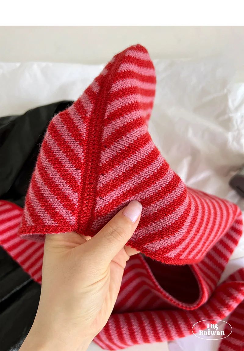 Winter Knitted Hat with Scarf Women Korean Version of Striped Scarf Hat Female Retro Warm Shawl Neck Wool Knit Hat Hooded 5