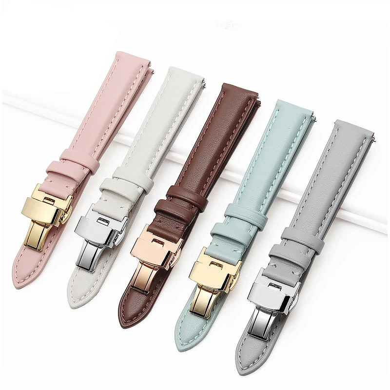 

12MM 14MM 16MM 18MM 20MM Butterfly clasp smooth Mint green pink genuine leather watch band watch strap gray women bracelet