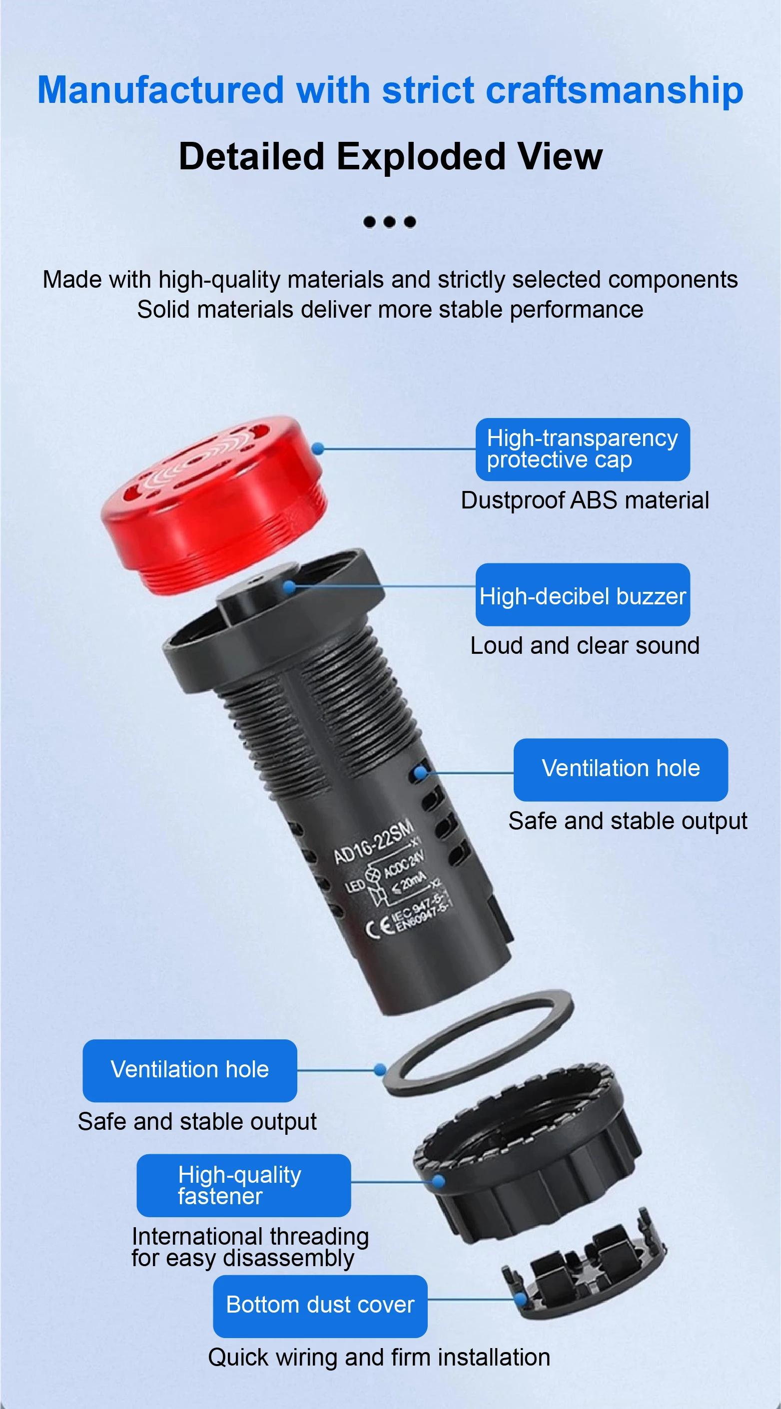 AD16-22SM 22mm LED Indicator Light with Buzzer Alarm, AC/DC 12V 24V 110V 220V, F