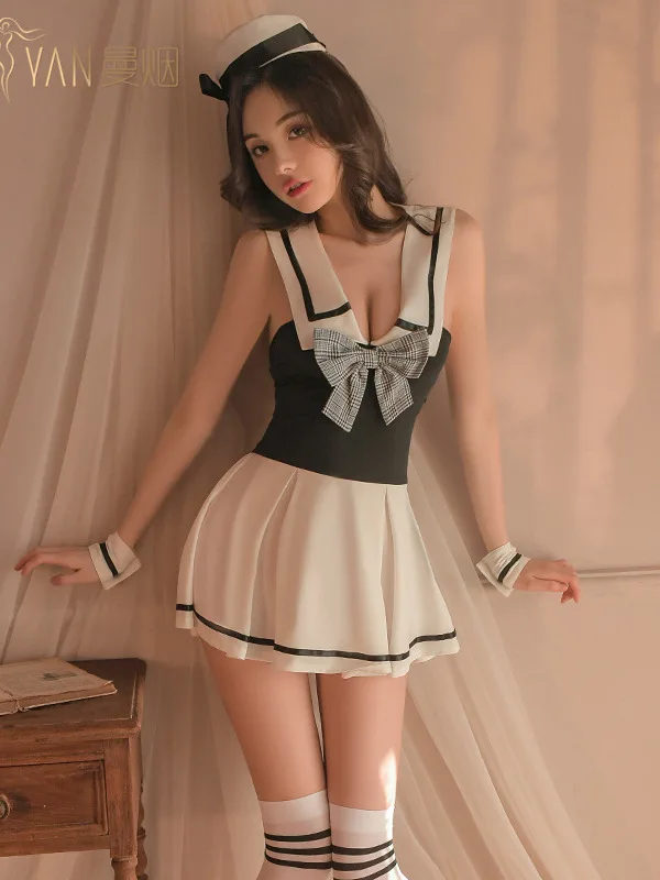 

Модный очаровательный женский сексуальный бюстгальтер без рукавов с глубоким U-образным вырезом, Матросская Студенческая форма, платье 6CHX