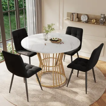 White with Metal Leg (1 piece), Kitchen Table, Sturdy Metal Frame, Modern Marble or Dining Tables, White/Gold