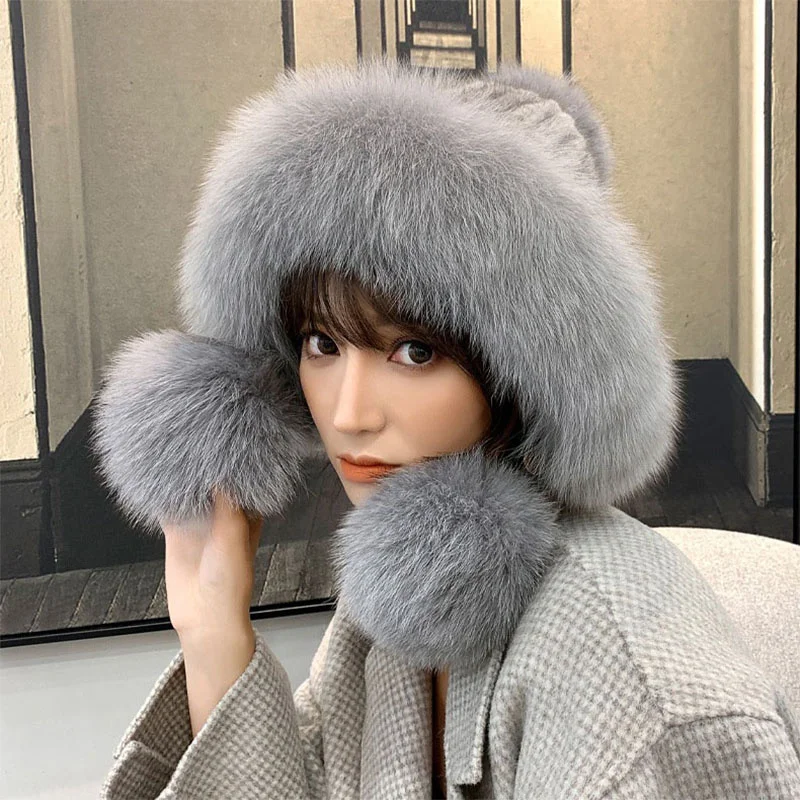 

Women's New Knitted Mink Ear Protection Hat Russian Winter Fox Fur Straw Hat Fashion Thickened Plush Ball Elastic Hat 2023