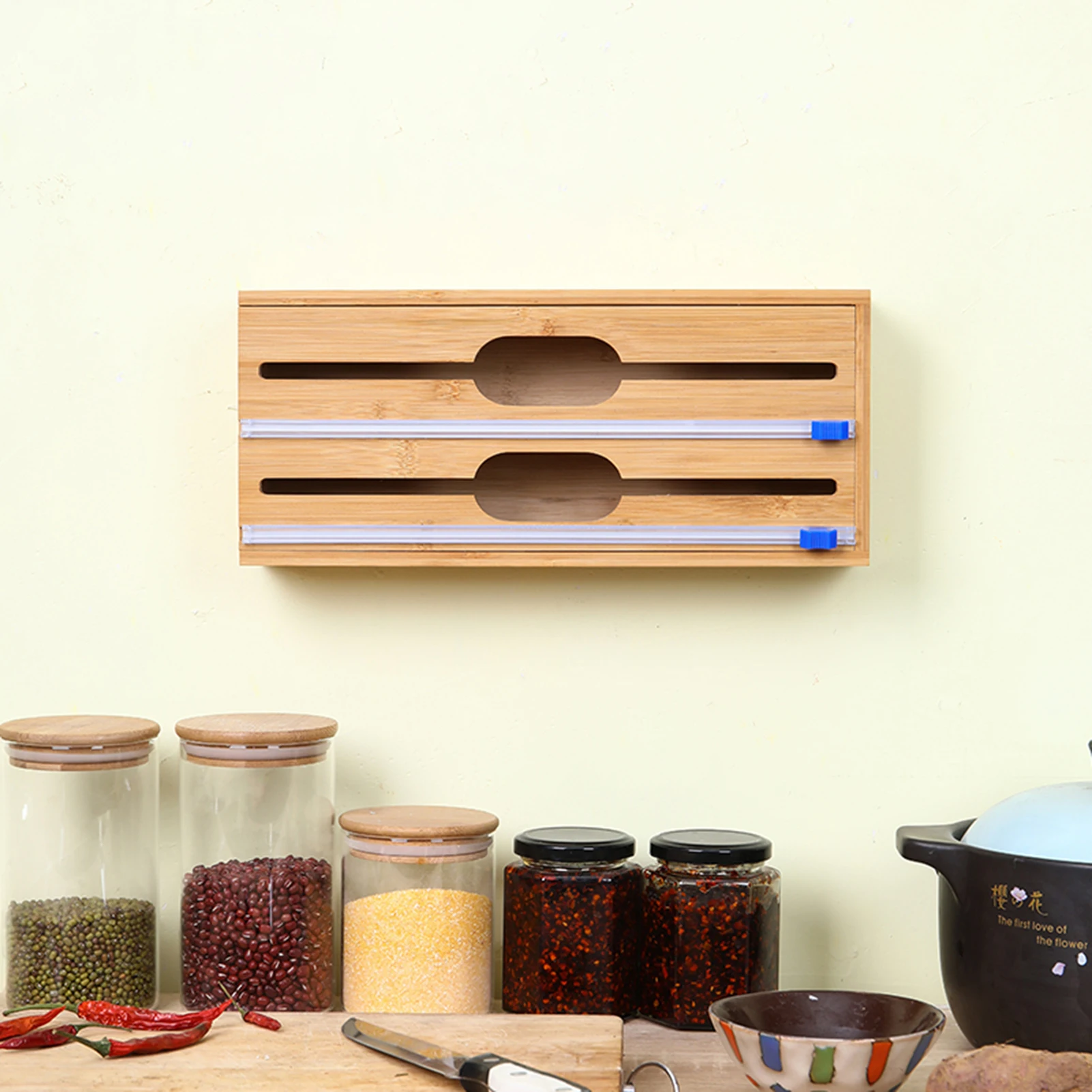 Bamboo Tinfoil Dispenser Kitchen Drawer Foil Divider With Slide Cutter