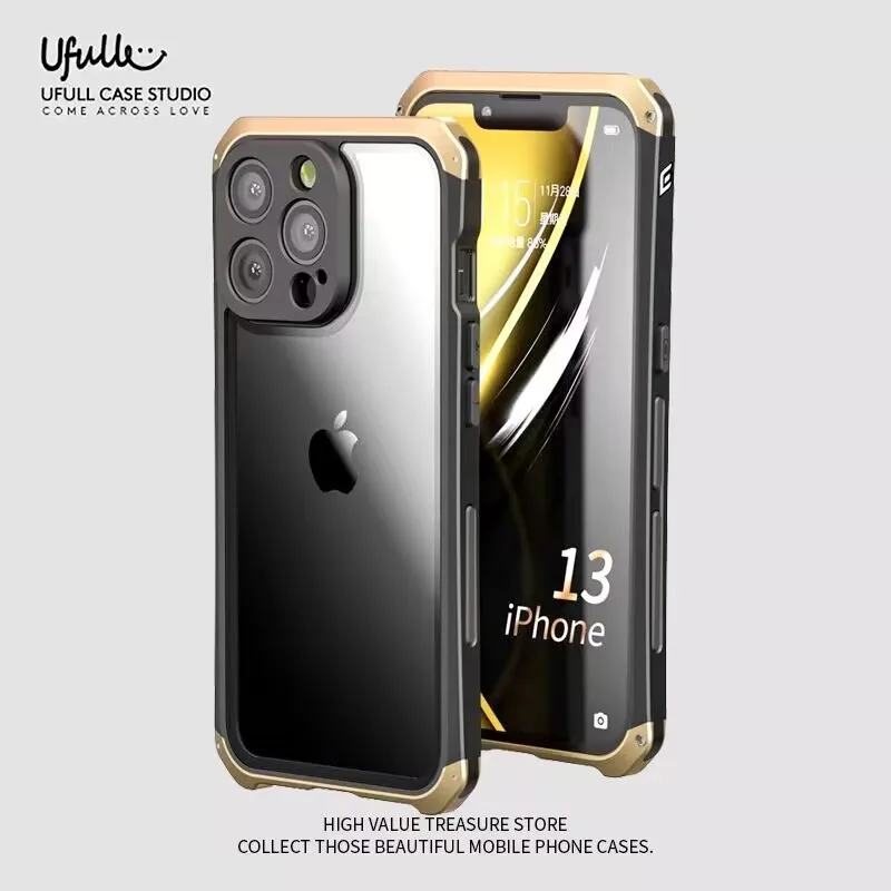 Metal Frame Glass Back Phone Case For iPhone 13 14 15 Pro Max Plus 360 Degree Protection Phone Cover For IPHON 13 14 15 Promax
