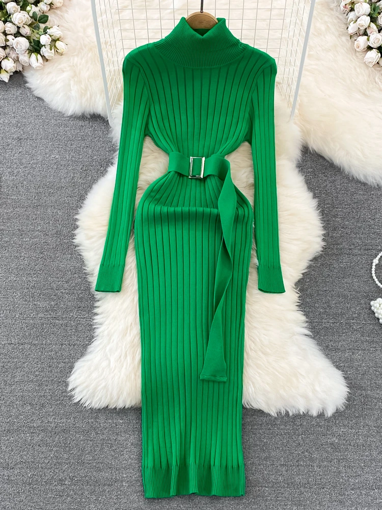 

Ins Hot Turtleneck Sexy Wrap Hips Knitted Dresses Women 2023 Autumn Winter Long Sleeve Bodycon Sweater Dress with Belt
