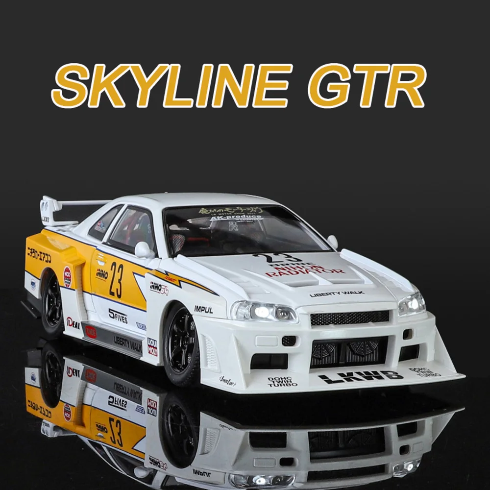 

Модель автомобиля Nissan SKYLINE GTR R34 металлическая, модель автомобиля из сплава, литая, спортивная машина с 4 дверями, открывающаяся, технические звуки, игрушки для детей, 1/24