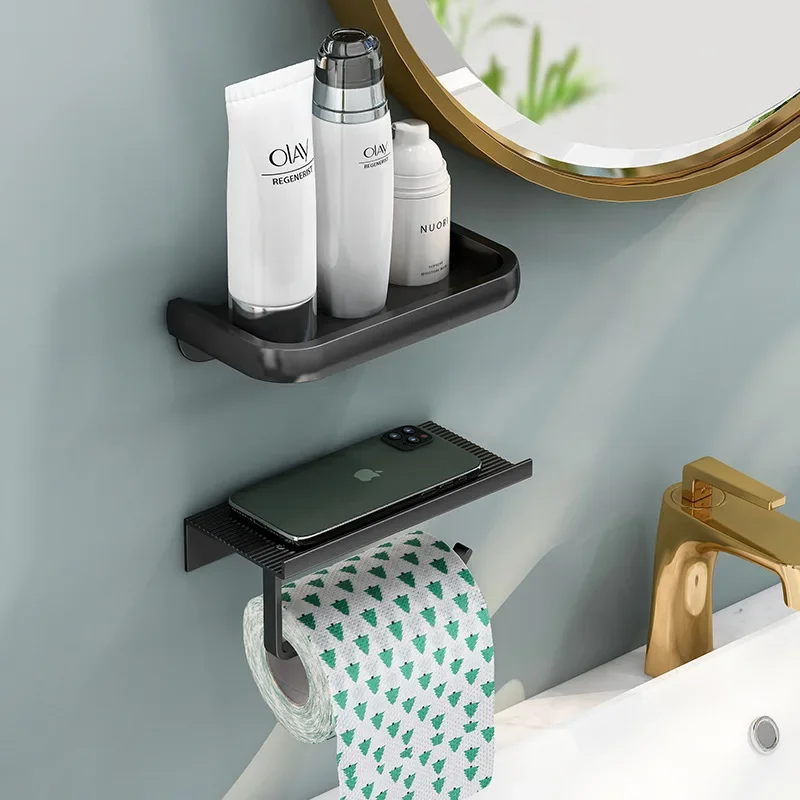 Aluminum Alloy Kitchen Holder Wall Hanging Toilet Paper Roll Holder Toilet Paper Shelf with Tray Bathroom Accessories