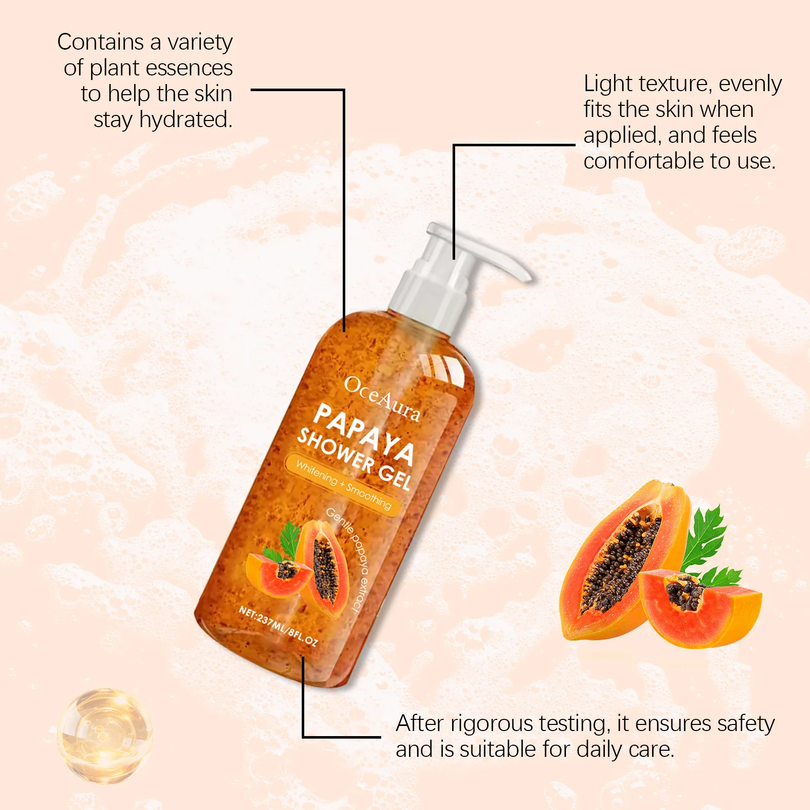 Papaya Gel doccia Detergente Sbiancante Levigante Dissolvenza Pigmentazione Rimuovi sporco Aroma duraturo Idratare Aggiorna Schiuma ricca Lavaggio del corpo 2