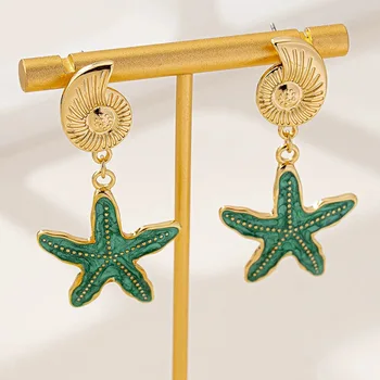 Conch Earrings for Women Fashion Children's Fun Ocean Series Metallic Color Starfish Beach Holiday Style Banquet Gift