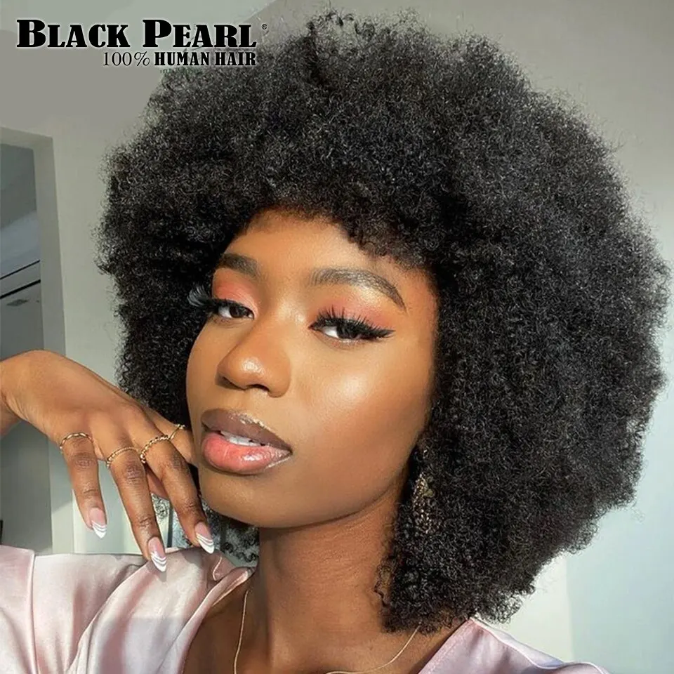 Fluffy Remy Short Afro Kinky Curly Wave Parrucca Per Capelli Umani Con Frangia Spessa Parrucca Corta Per Capelli Umani Brasiliani Per Donne Nere