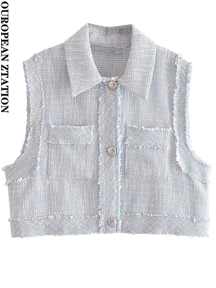 

PAILETE Women 2023 fashion patch pockets cropped textured waistcoat vintage sleeveless button-up female outerwear chic vest tops