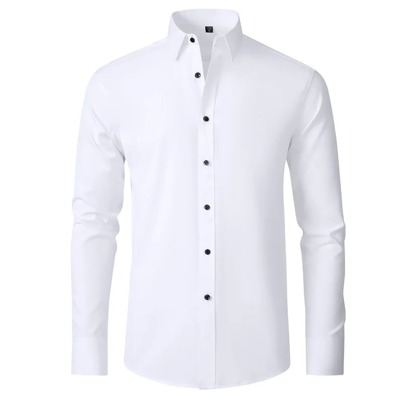 

Men's Social Shirt New Autumn Spring Business Dress Shirts Non-iron Casual Solid Vertical Black Slim Fit Elastic Clothe