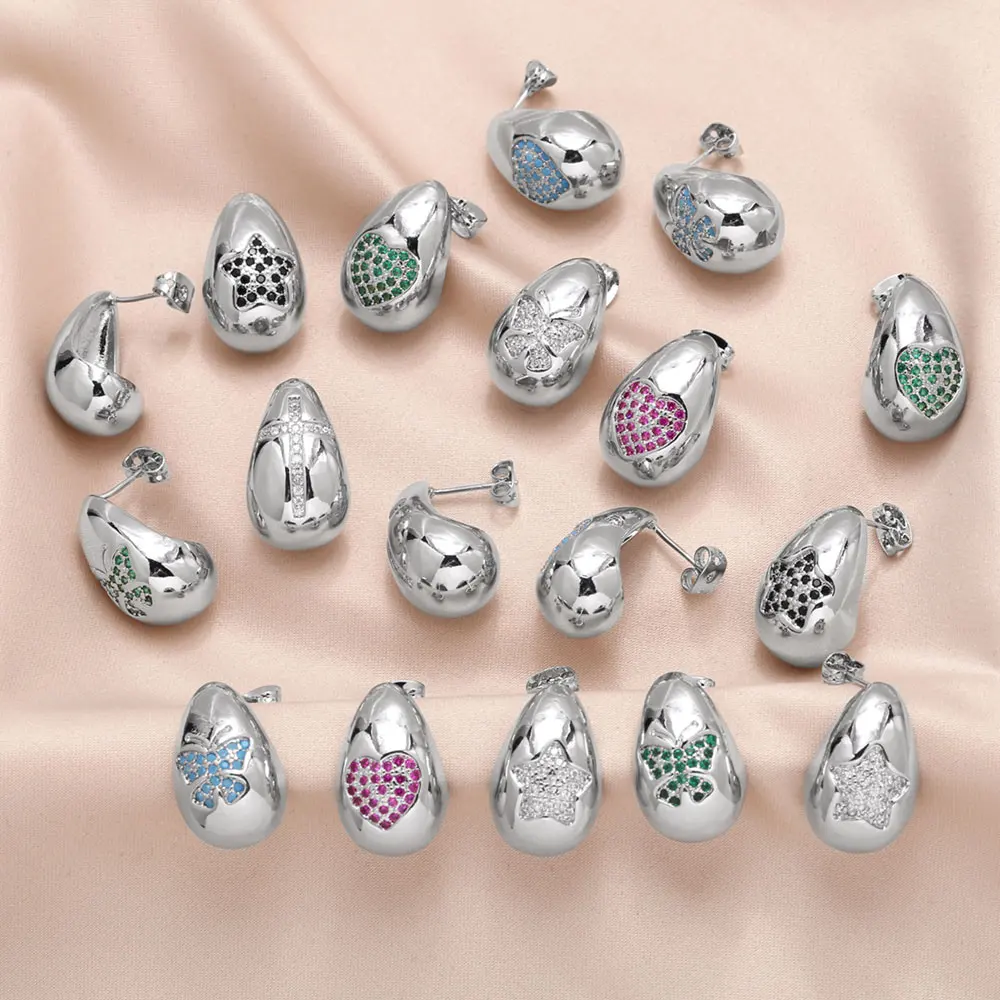 Flola Pave Crystal Fucsia Heart Stud Orecchini Per Le Donne Color Argento Waterdrop Ear Studs Gioielli Di Moda Regali Ersz77