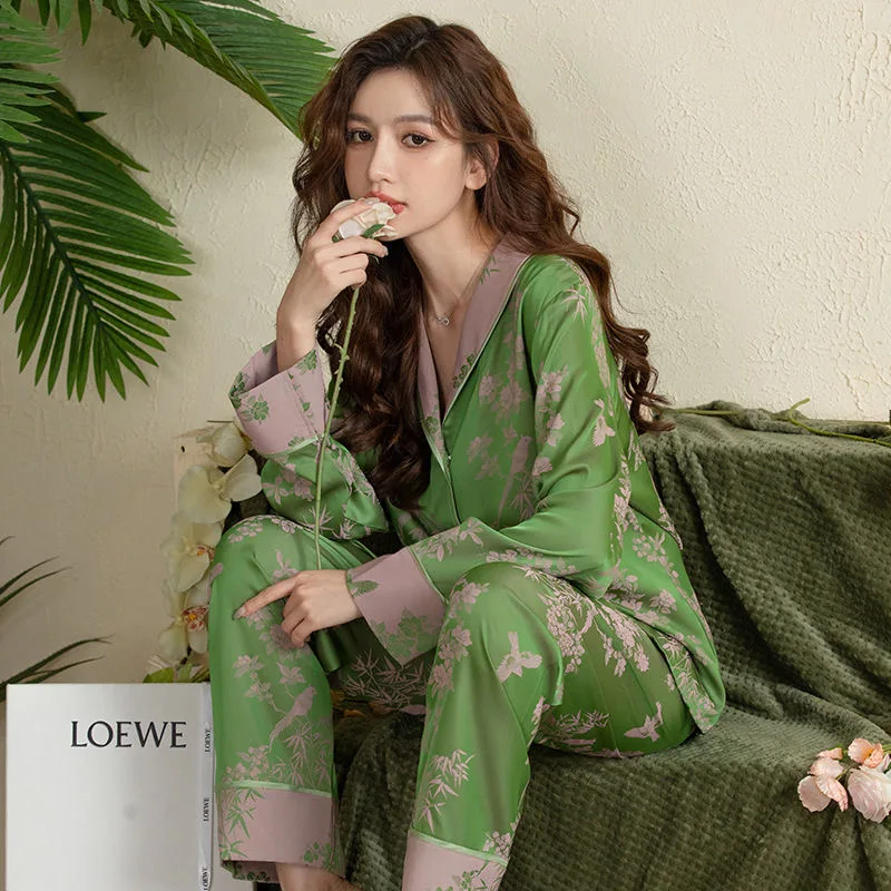 New Ice Silk Pajamas Women's Ice and Snow Silk Cover Oil Painting Long Sleeve Spring and Autumn Home Fur Set Skincare Home Fur