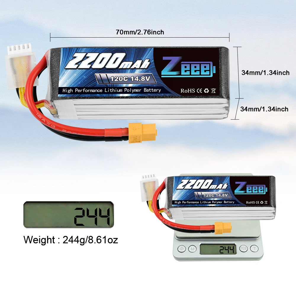 2-Pack Zeee 4S LiPo Battery 14.8V 2200mAh 120C – High-Performance Rechargeable Battery with XT60 Plug for FPV Drone, RC Car, Boat & Aircraft Models 2