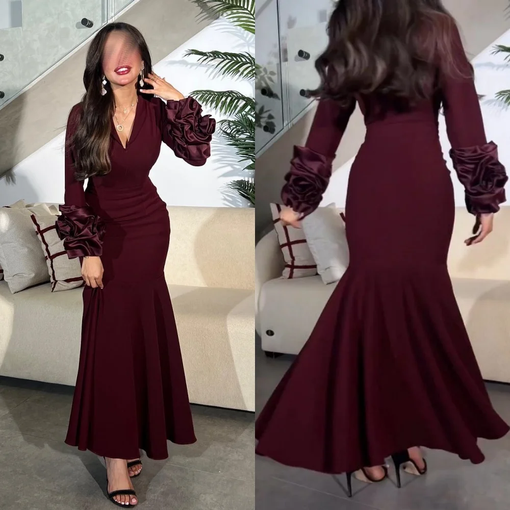 Jiayigong  Jersey Flower Ruched  Trumpet V-neck Bespoke Occasion Gown Long Sleeve Dresses Saudi Arabia