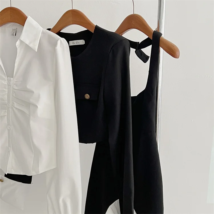 Y2K 3-piece Set Women Crop Coat Blazer White Shirt Halter Sleeveless Bodycon Midi Dress Autumn New Female Korean Chic Outfits