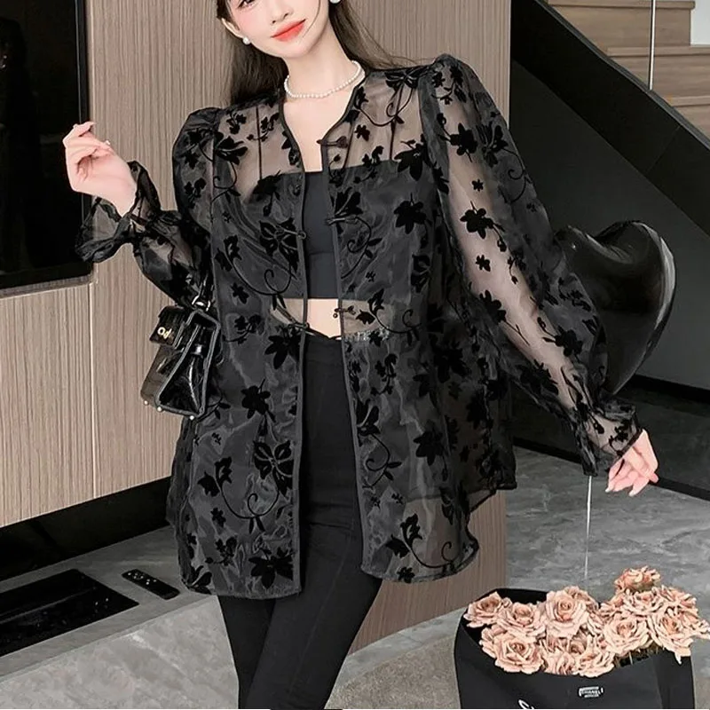 

Fashion Summer Women Chinese Style Frog Long Sleeved Shirt Summer New Temperament Net Yarn Loose Casual Printing All-match Tops