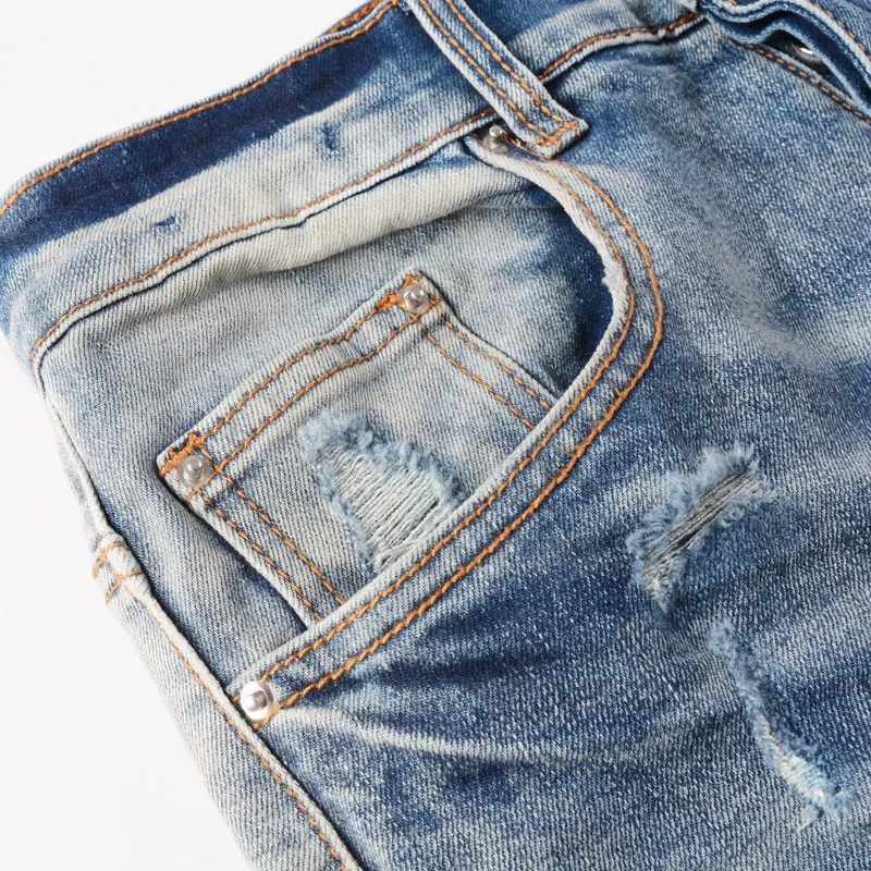 High Street Fashion Men Jeans Retro Blue Stretch Skinny Fit Hole Ripped Jeans Men Patched Designer Elastic Hip Hop Brand Pants