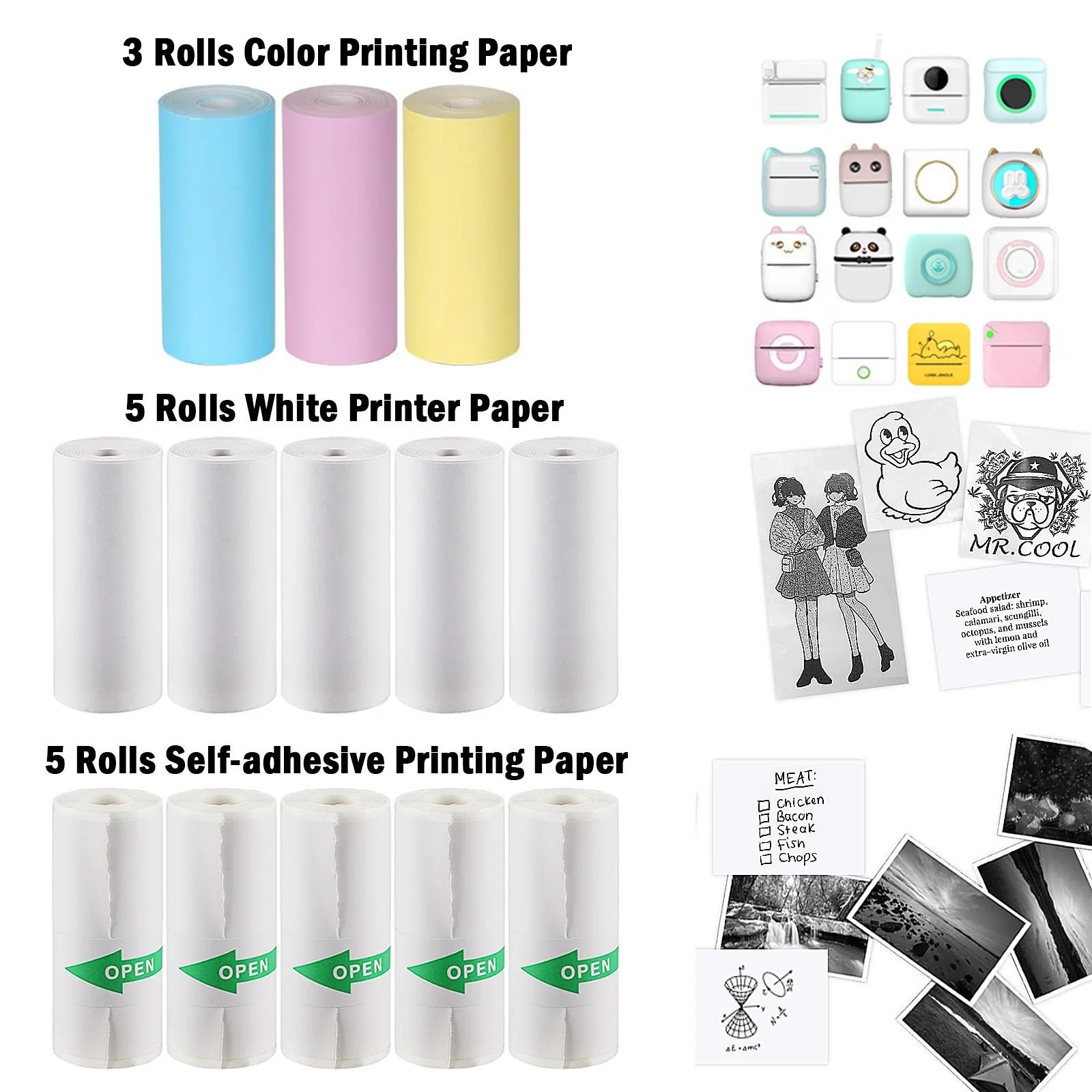 Colorido Mini Impressora Térmica Papel Auto-adesivo Etiqueta Adesiva Foto Bluetooth sem Fio Impressora Inkless 57 mm