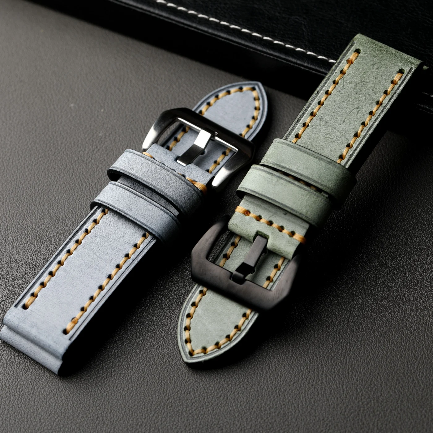 Luxurious Handmade Italian Cowhide Leather Strap in Green Grey