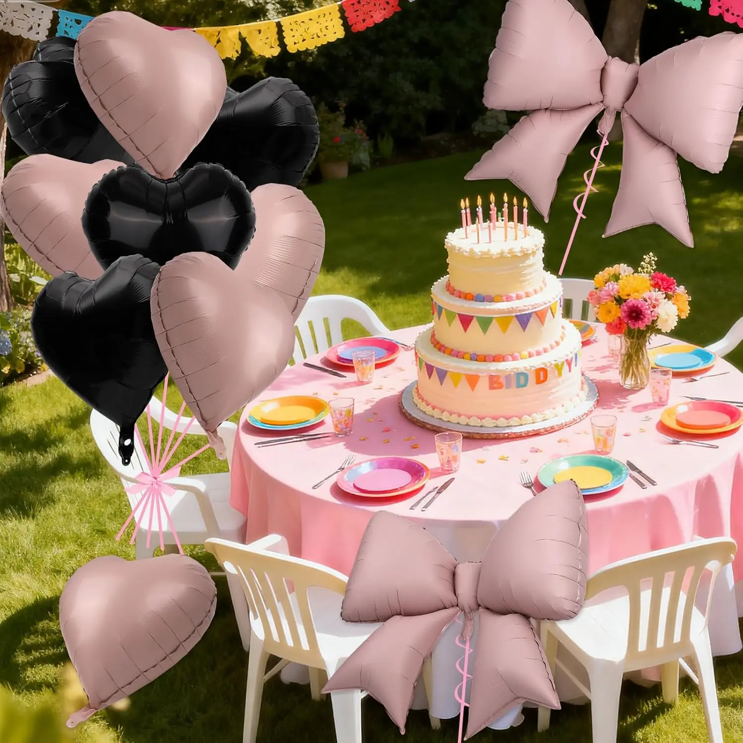 10 Stück rosa schwarze Schleifen- und Herzballons, rosa und schwarze herzförmige Schleifenballons, Kokette, Braut- und Geburtstagsfeier, Valentinstagsdekoration – Detail 10