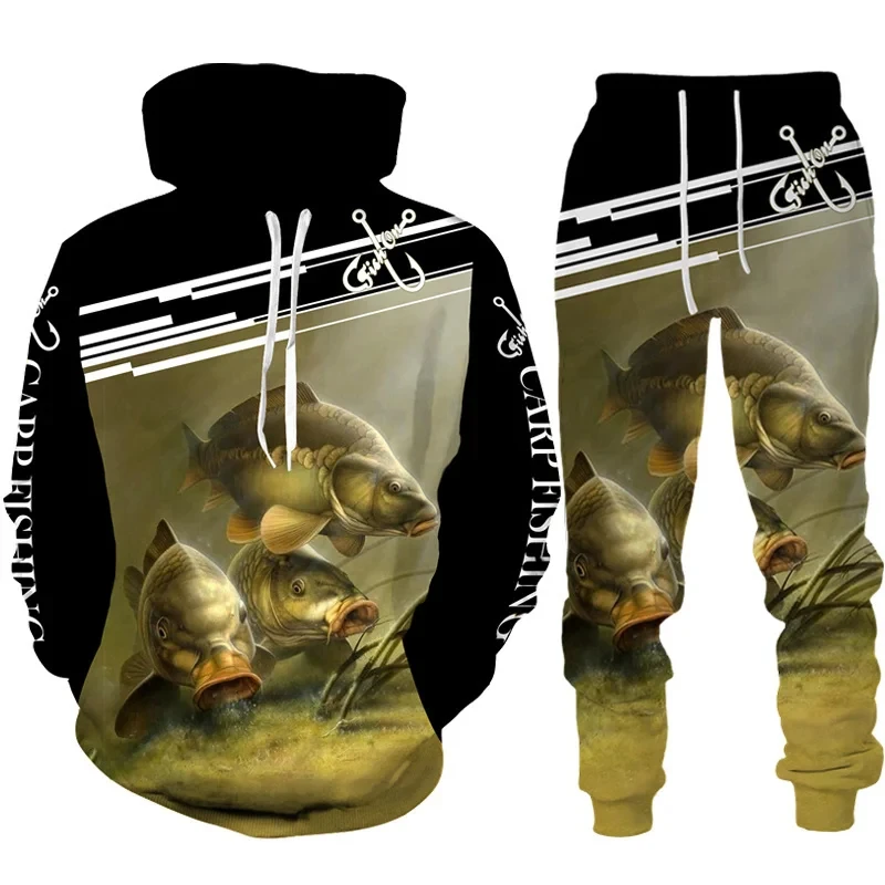 Cheap Spring Autumn 3D Fish Print Men Women Hoodie+Pants 2pcs Sets Camo  Fishing Hunting Camping Clothes Fashion Outdoor Sportswear Set