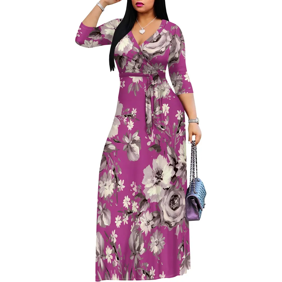 Women's Floral Wrap Maxi Dress With Belt - V Neck 3/4 Sleeve Bohemian Swing Dress - View #9