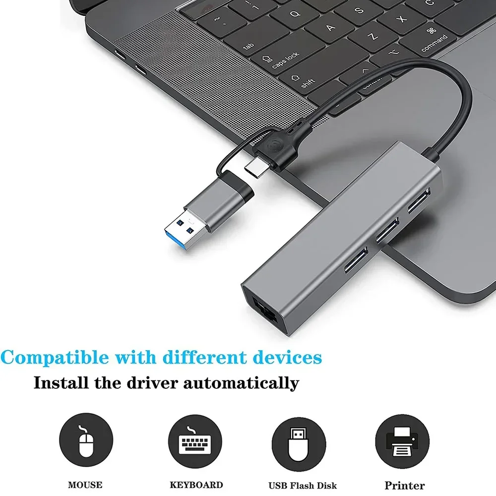 USB C Ethernet Adapter, 3 Port USB 3.0 Type C Hub with RJ45 1000Mbps Ethernet Converter for PC, Laptop with Windows Mac OS 4