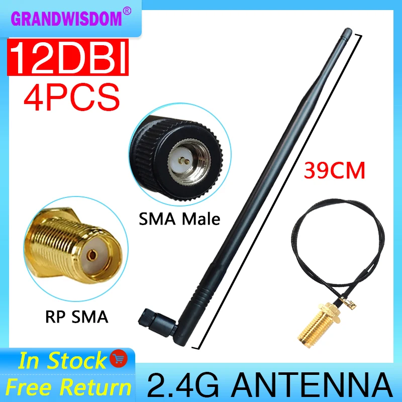 Grandwisdom 4pcs 2.4G antenna 12dbi sma male wlan wifi 2.4ghz antene pbx iot module router signal receiver antena high gain 1pc 2 4ghz wifi antenna 12dbi high gain sucker aerial indoor signal booster modem external antenna