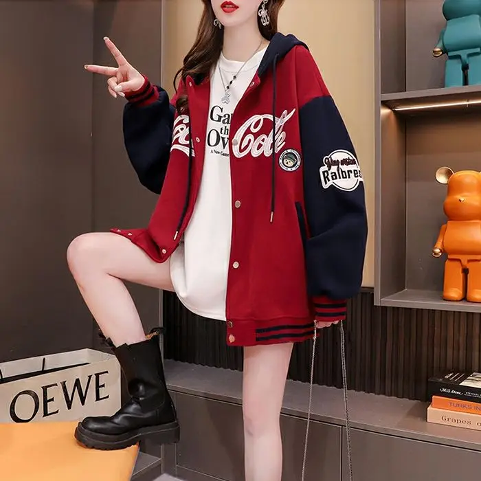 Women's Jacket Spring Autumn Thin Hooded Baseball Clothing American Retro Lazy Style Matching Color Coat Cardigan Blouse Woman